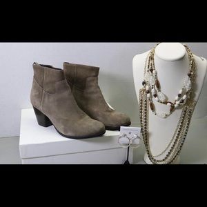 GARNET HILL Tan Suede Ankle Boots Italian Made w/ Lia Sophia Jewelry